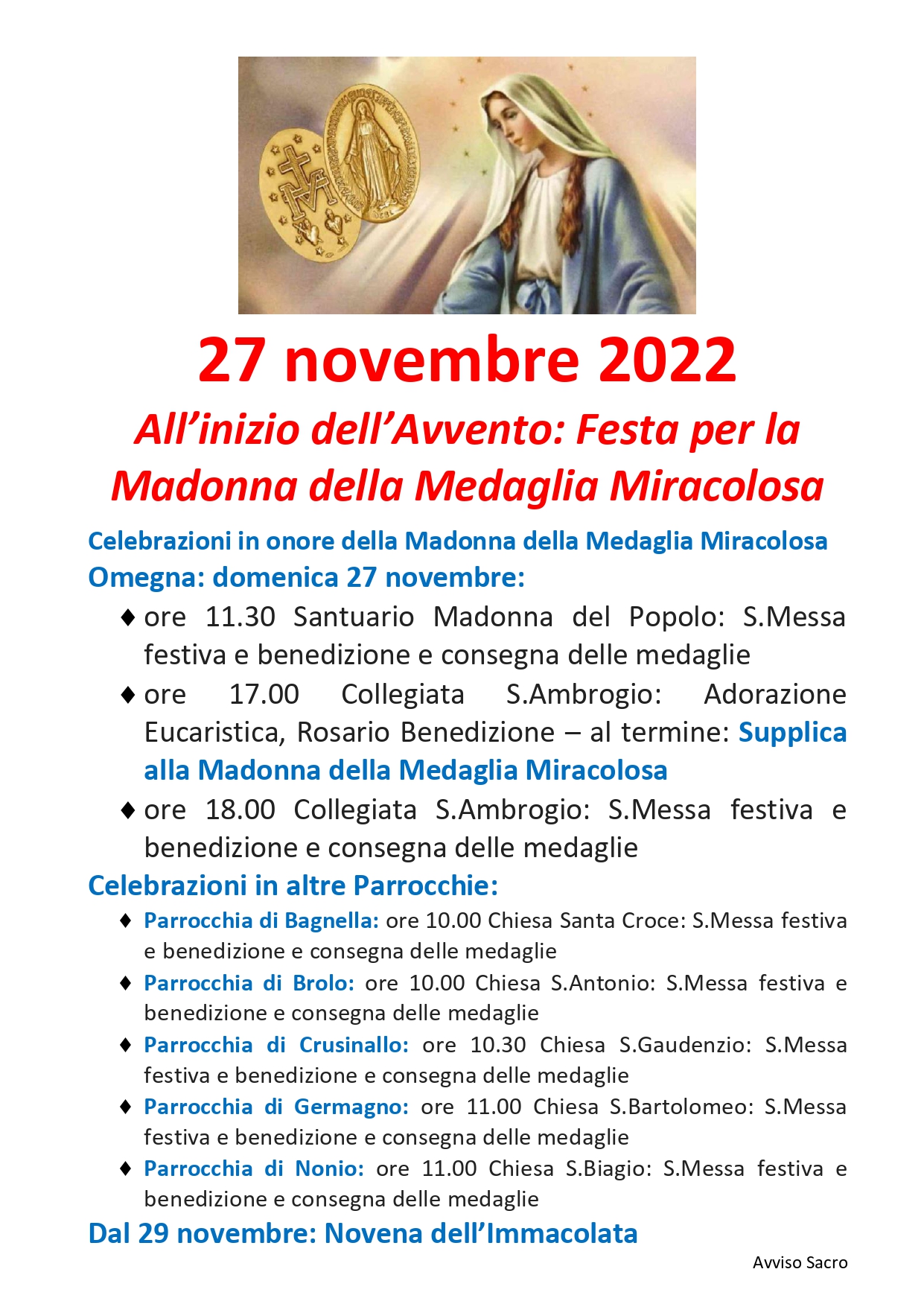 All’inizio dell’Avvento: Festa per la Madonna della Medaglia Miracolosa